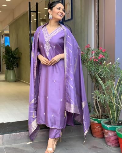 ANNI DESIGNER Womens Rayon Viscose Embroidered Straight Kurta with Pant & Dupatta (PARITOSH Purple_M_Purple_Medium)