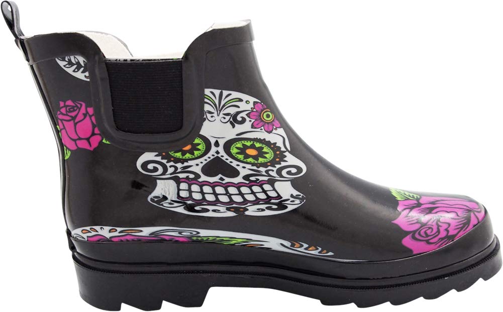 NORTY - Womens Ankle Rain Boots - Ladies Waterproof Winter Spring Garden Boot Skulls Black Size 11