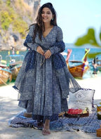 ANNI DESIGNER Womens Rayon Viscose Anarkali Printed Kurta with Palazzo & Dupatta (Sinners Blue_L_Blue_Large)