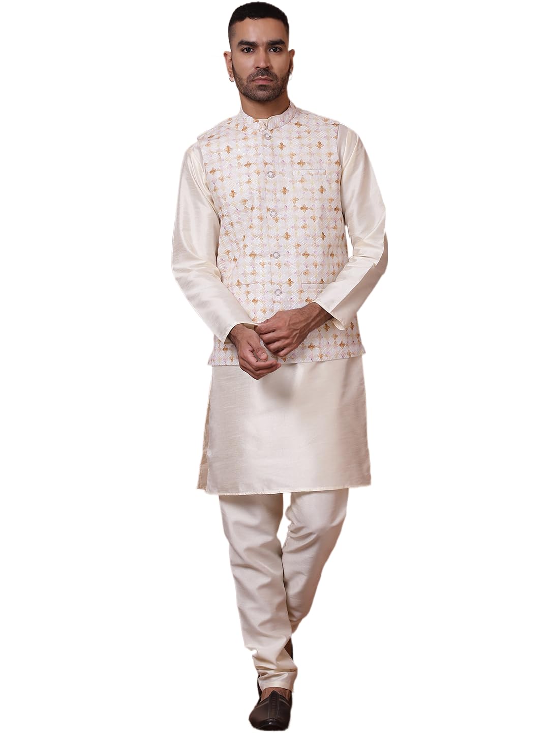 Jompers Mens Sequins And Printed Nehru Jacket With Solid Kurta Pyjama Set