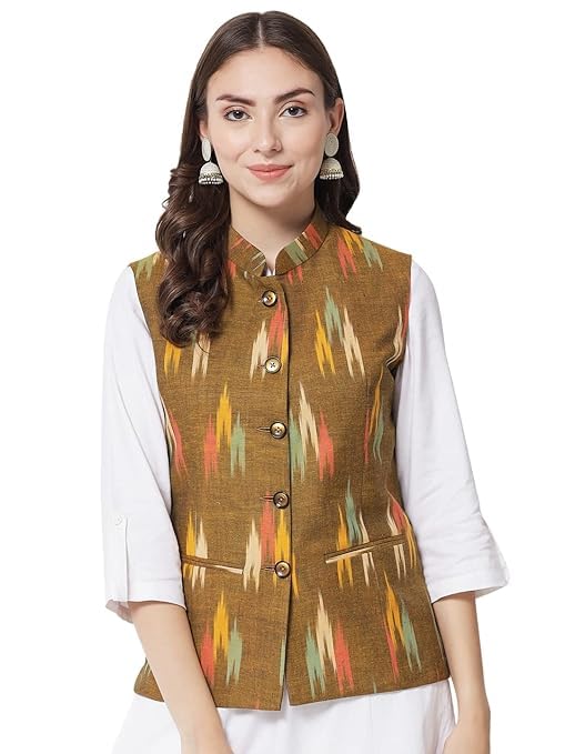 Vastraa Fusion Womens Ikat Printed Cotton Nehru Jacket (44) 44