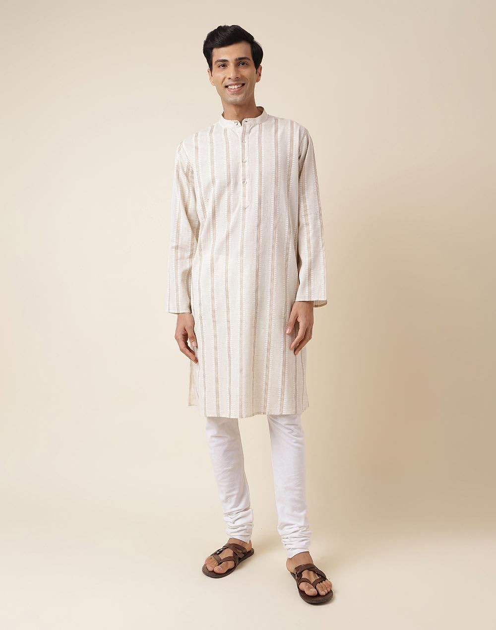 Fabindia Mens Cotton Linen Striped Relaxed Kurta (1032034OFFWHITE_Off White