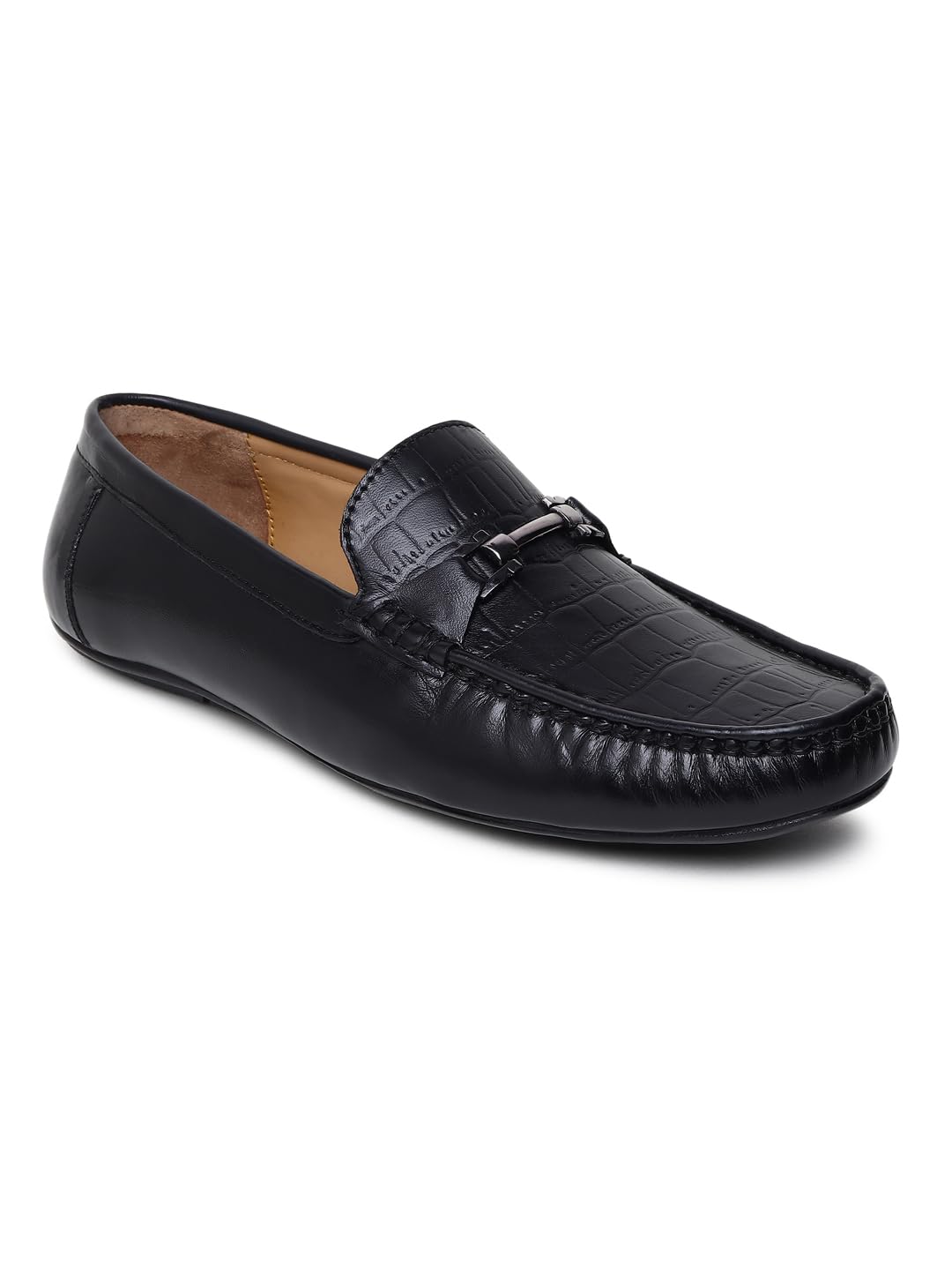 Mens Leather Shoe, Solid RoundToe Loafer for Men Flat Heel Pull On Shoes (Black, 41) 7