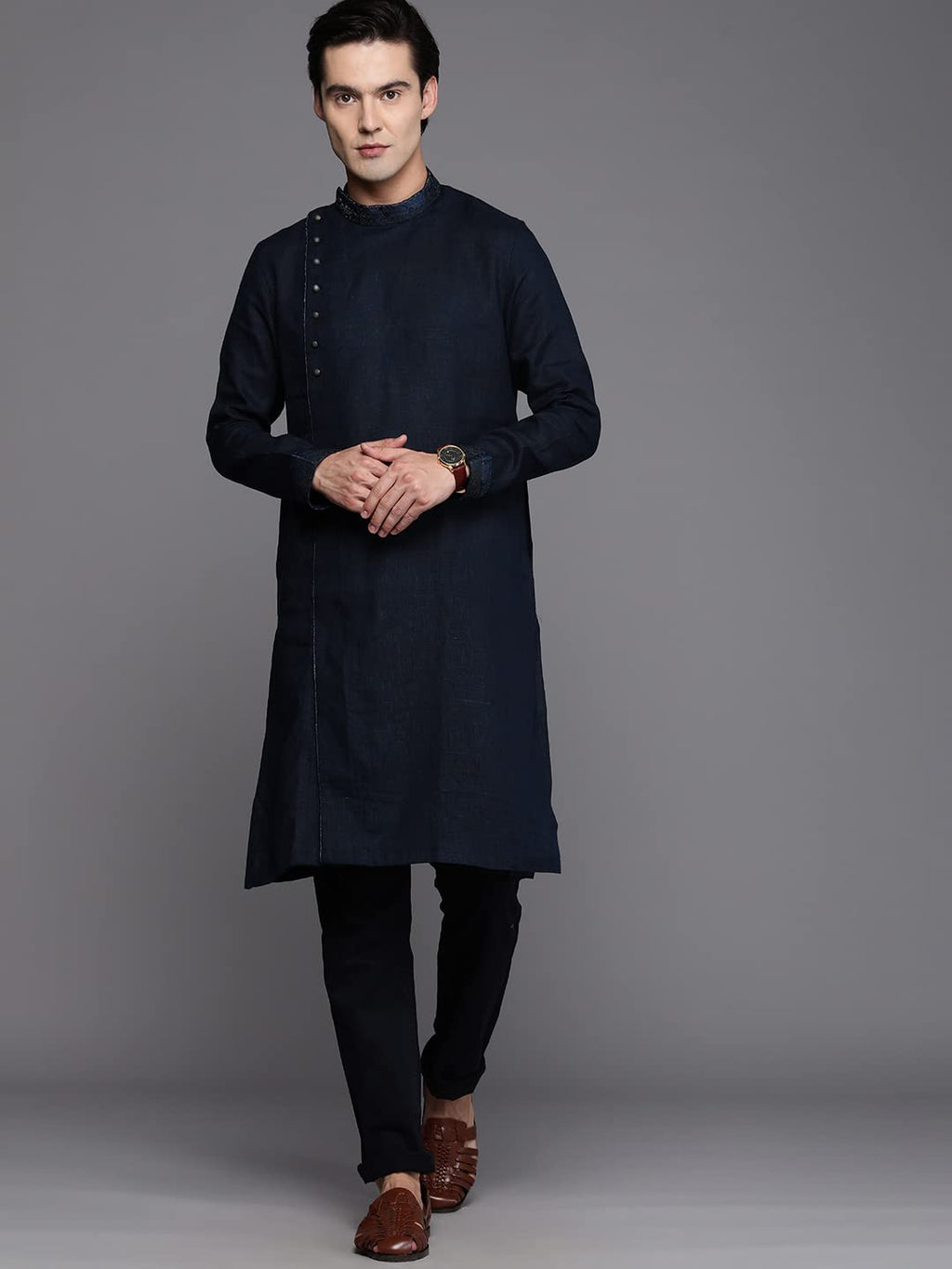 Manyavar Mens Kurta, Long Sleeves Mandarin Collar Ethnic Knee Length Kurta Only, Kurta for Festival, Wedding, Party & Anniversa