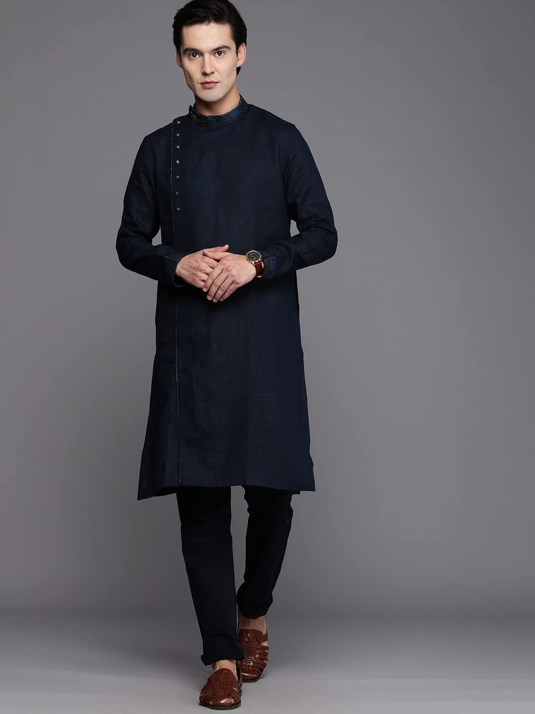 Manyavar Mens Kurta, Long Sleeves Mandarin Collar Ethnic Knee Length Kurta Only, Kurta for Festival, Wedding, Party & Anniversa