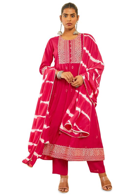 Soch Women Muslin Zari Embroidered Anarkali Suit Set with Leheriya Dupatta
