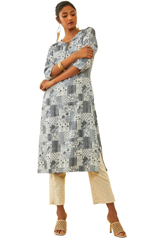 Soch Women Rayon Abstract Printed Straight Kurta with Tie-Ups