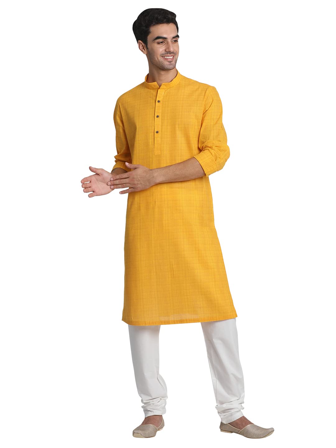 Manyavar Checkered Print Knee Long Kurta For Men - (Yellow, Medium)