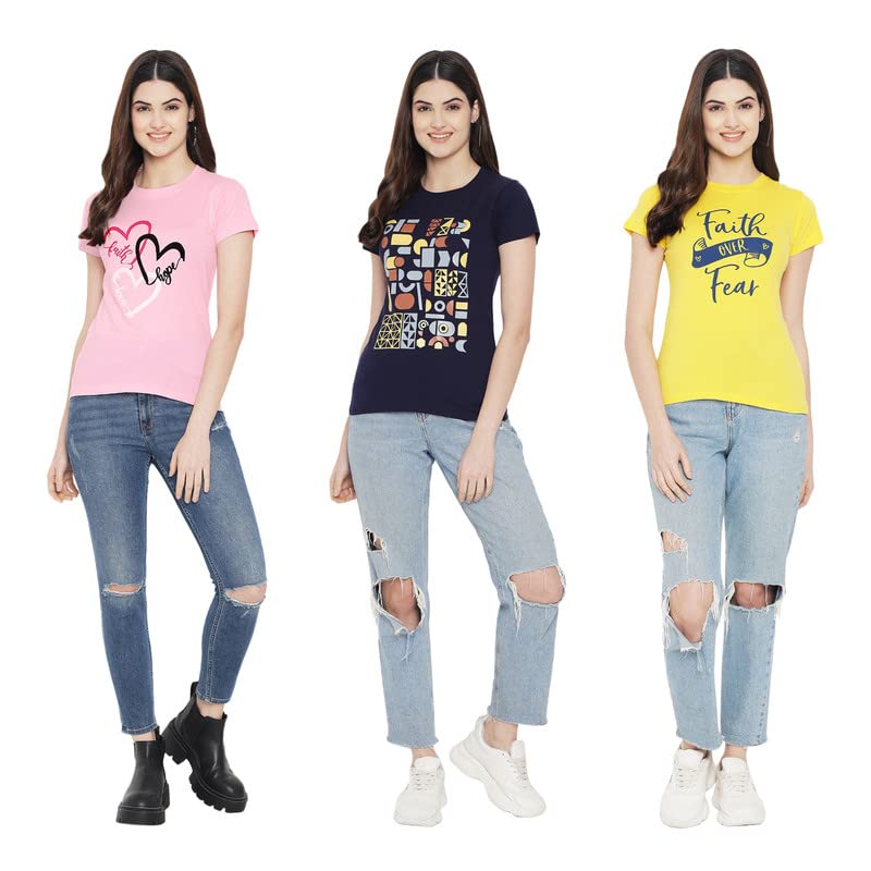 Preneum Womens Cotton Regular Fit Latest Graphic Stylish Printed Short Sleeves Casual T-Shirt || Trend & Style (Pack 3), Pink &