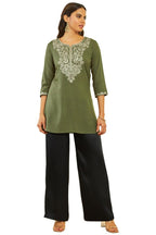Soch Womens Olive Rayon Paisley Embroidered A-Line Tunic with Vented Hemline