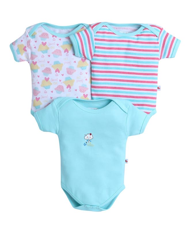 Bumzee Baby Girls Cotton Half Sleeves Bodysuit/Onesie/Leotard Mint Green & White - New Born (Peb10568A-Mgn)
