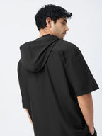 The Souled Store Hooded T-Shirt: Black Men and Boys Short Sleeves Hooded Neck Pull On Black Solid Polyester Blend Oversized Hood
