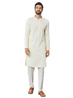 See Designs MenS Long Sleeve Mandarin Collar Side Slit Cream Embroidered Chikankari Rayon Straight Kurta With Pyjama - Sdkt2563