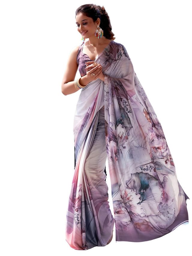 Satrani Womens Satin Digital Print Saree with Unstitched Blouse Piece (3503S741N_Mauve & Cream & Multi)