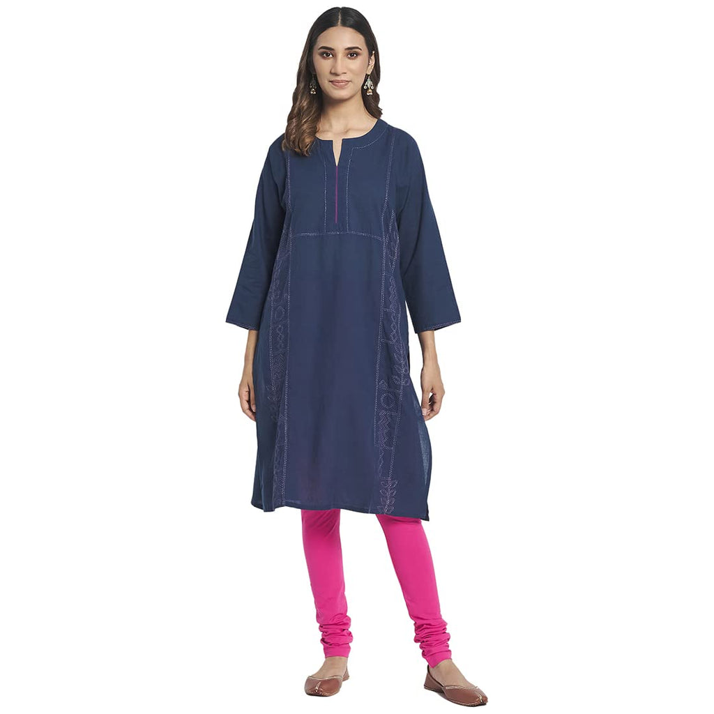 Fabindia Women Cotton Embroidered Knee Length Kurta Blue_S
