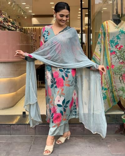 ANNI DESIGNER Womens Cotton Blend Straight Printed Kurta with Pant & Dupatta (AD312 Green_L_Green_Large)