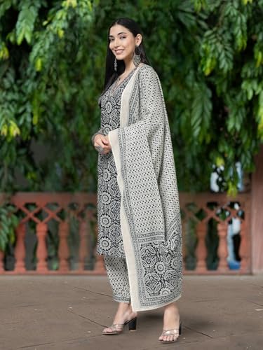 Pinkmint WomenS Hevy Cotton Blend Black Kurta Set L Stitched Printed Dupatta Set L Stylish Women Festival Dress (Pack Of 1)