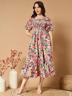 Kzully | Colorful Floral Print Midi Dress | Smocking And Elastic Comfort | Stylish Woman Wearing A Pretty Printed Flower | Trend