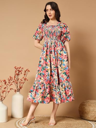 Kzully | Colorful Floral Print Midi Dress | Smocking And Elastic Comfort | Stylish Woman Wearing A Pretty Printed Flower | Trend