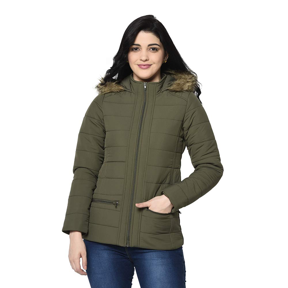 Trufit Womens Olive Full Sleeves Padded Quilted Jacket with Hood Size_2XL 2