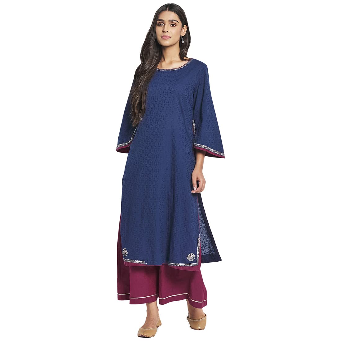 Fabindia Women Cotton Embroidered Slim Fit 2 Piece Kurta Set Blue_S
