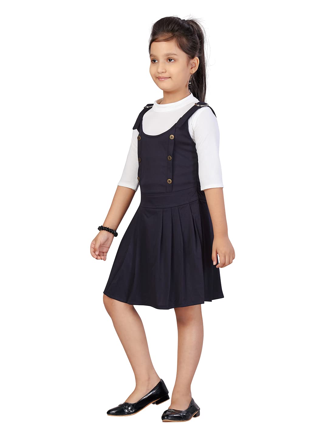 Aarika Girls Cotton Blend Skater Knee-Length Dress (DR-1615_White-Navy-Blue_24)