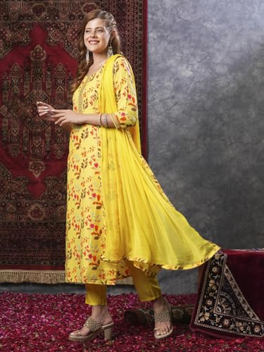 ANNI DESIGNER Womens Cotton Blend Printed Straight Kurta and Pant with Dupatta (KALEPING-Yellow_XXL_Yellow_XX-Large)