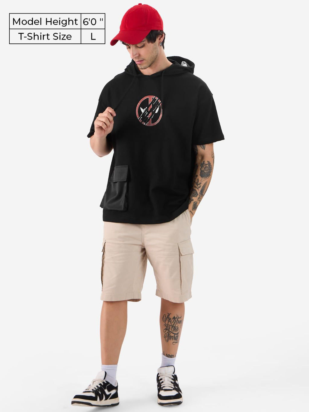 The Souled Store Official Marvel: Deadly Duo Men and Boys Short Sleeves Black Graphic Printed Cotton Oversized Fit Hooded T-Shir