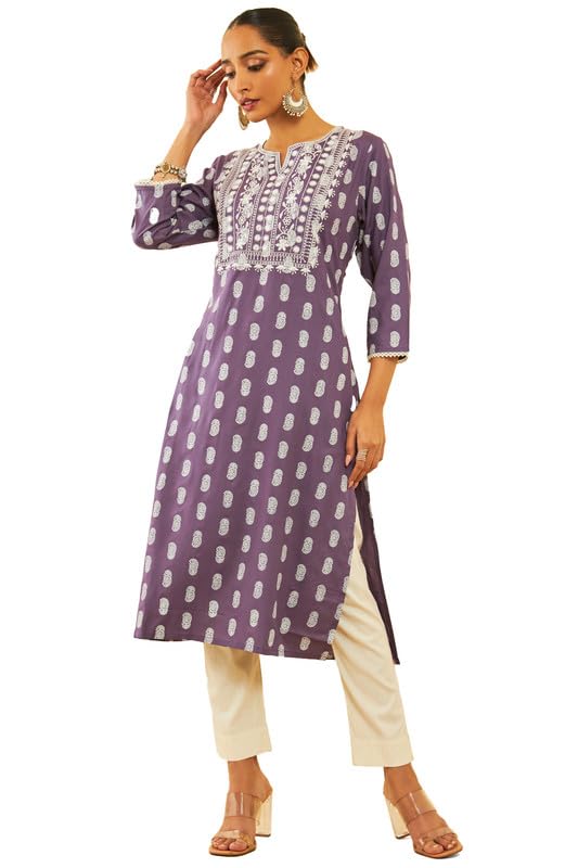 Soch Women Rayon Paisely Printed Kurta with Faux Mirror & Thread Work