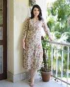 ANNI DESIGNER Womens Cotton Blend Straight Printed Kurta with Pant (Wide Cream_XL_Cream_X-Large)