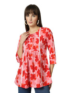 OOMPH! Lace Border,Kashmiri Tunic Top, Short Kurti for Women on Jeans, V-Neck, 3/4 Sleeve, Floral Design Baby Pink