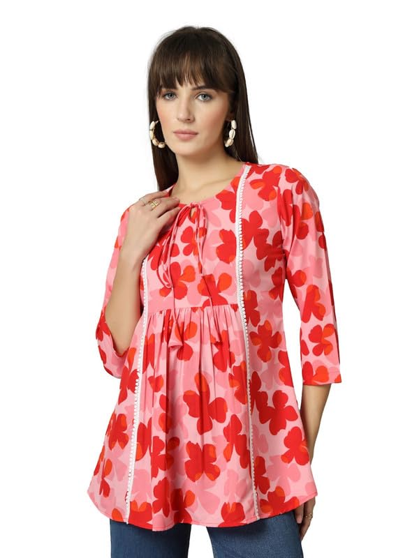 OOMPH! Lace Border,Kashmiri Tunic Top, Short Kurti for Women on Jeans, V-Neck, 3/4 Sleeve, Floral Design Baby Pink