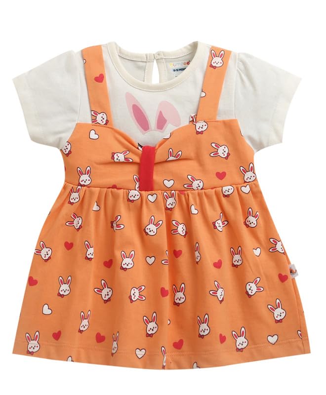 BUMZEE Baby Girls Cotton Round Neck Half Sleeves Animal Print Above Knee Length Frock/Dress Orange & Cream - 6-12 Months (Peb111