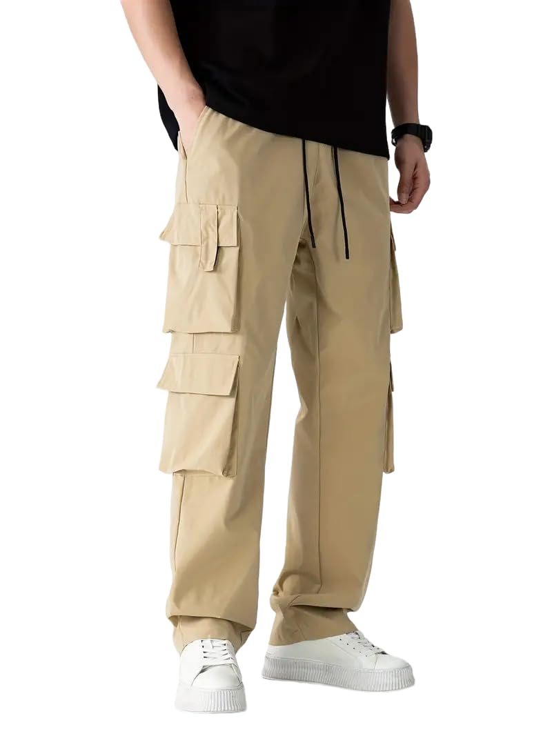 Indoprimo MenS Cotton Blend Trousers Cargo Style With Drawstring Both Side Pockets Solid Pattern Regular Fit And Long Length Cr
