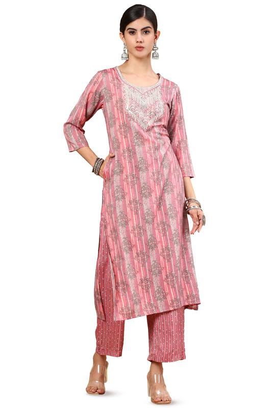 Soch Womens Pink Ethnic Motif Printed Rayon Kurta Set With Zari Work