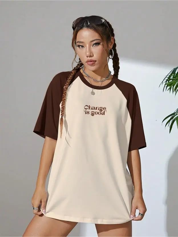 Juneberry 100% Pure Cotton Oversized Baggy Fit Drop Shoulderbrowngraphic Printed Raglan Sleeves Boyfriend T-Shirt For Women & Gi
