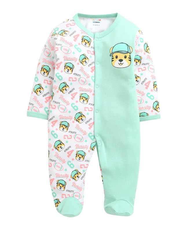 Bumzee Boys Cotton Full Sleeves Sleepsuit White & Mint Green - New Born (Peb10923A-Wht)