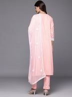 Varanga Women Peach Round Neck Chikankari Straight Kurta With Bottom And Dupatta