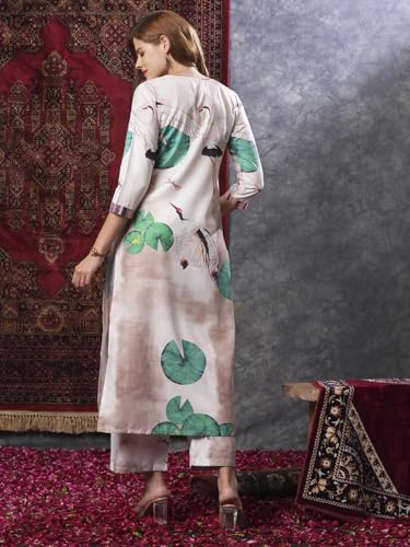 ANNI DESIGNER Womens Cotton Blend Straight Printed Kurta with Palazzo (Swans Peach_XXL_Peach_XX-Large)