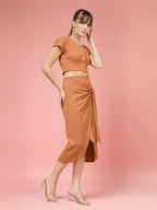 Oomph! Stretchable Lycra Coord Crop Top And Skirt Set For Women, Orange - Coord_Mt978Msk255