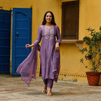 ANNI DESIGNER Womens Cotton Blend Embroidered Straight Kurta with Pant & Dupatta (Kasturi Purple_XL_Purple_X-Large)