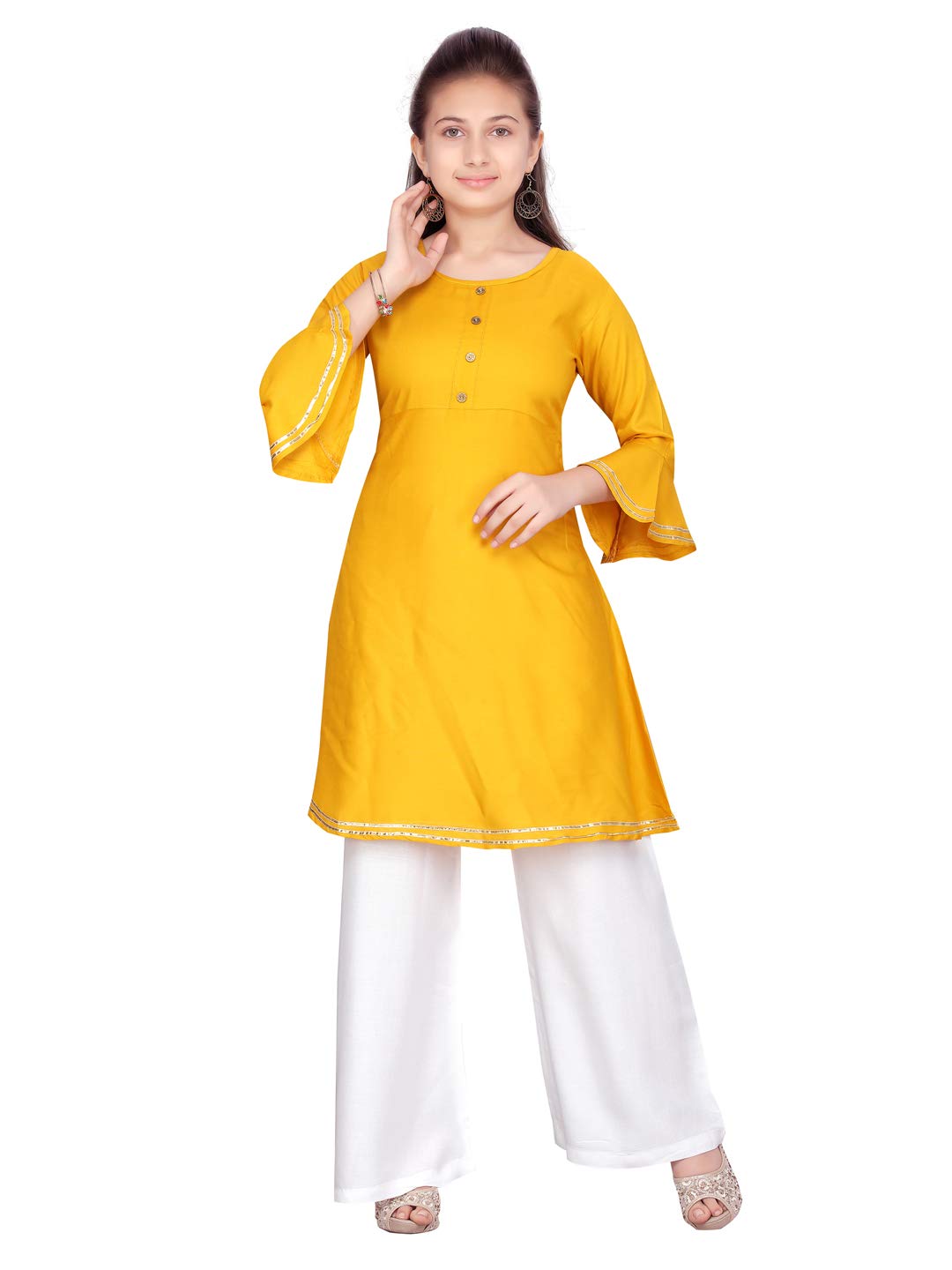 Aarika GirlS Cotton Kurti Palazzo Set (Pl-A-13_Yellow-White_34)