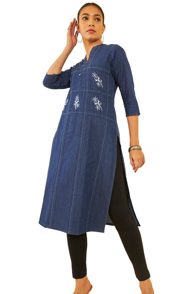 Soch Womens Indigo Cotton Placement Embroidered Kurta