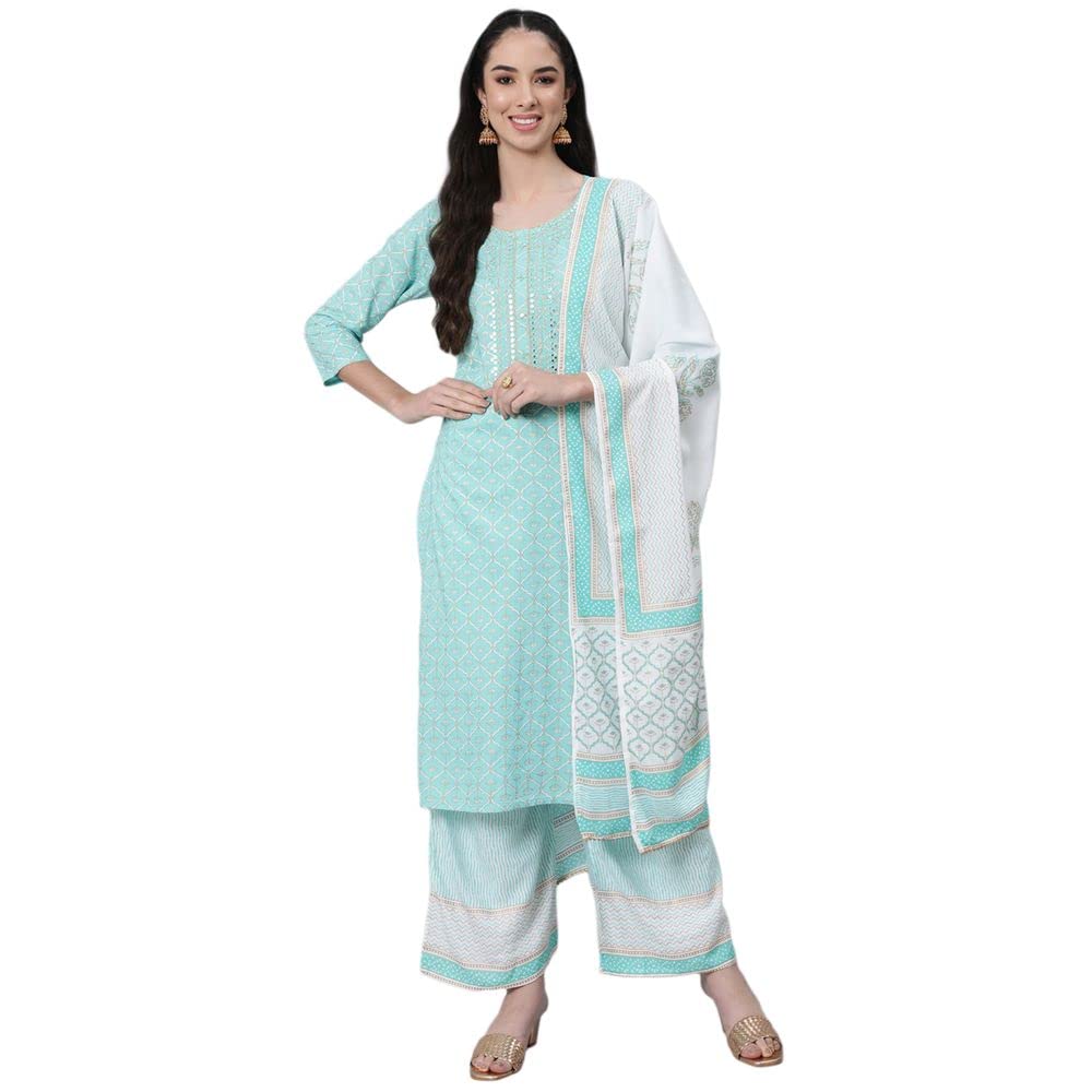 Anubhutee Women'S Cotton Blue Chevron Solid Straight Kurta Suit Set With Palazzo And Dupatta