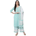 Anubhutee Women'S Cotton Blue Chevron Solid Straight Kurta Suit Set With Palazzo And Dupatta