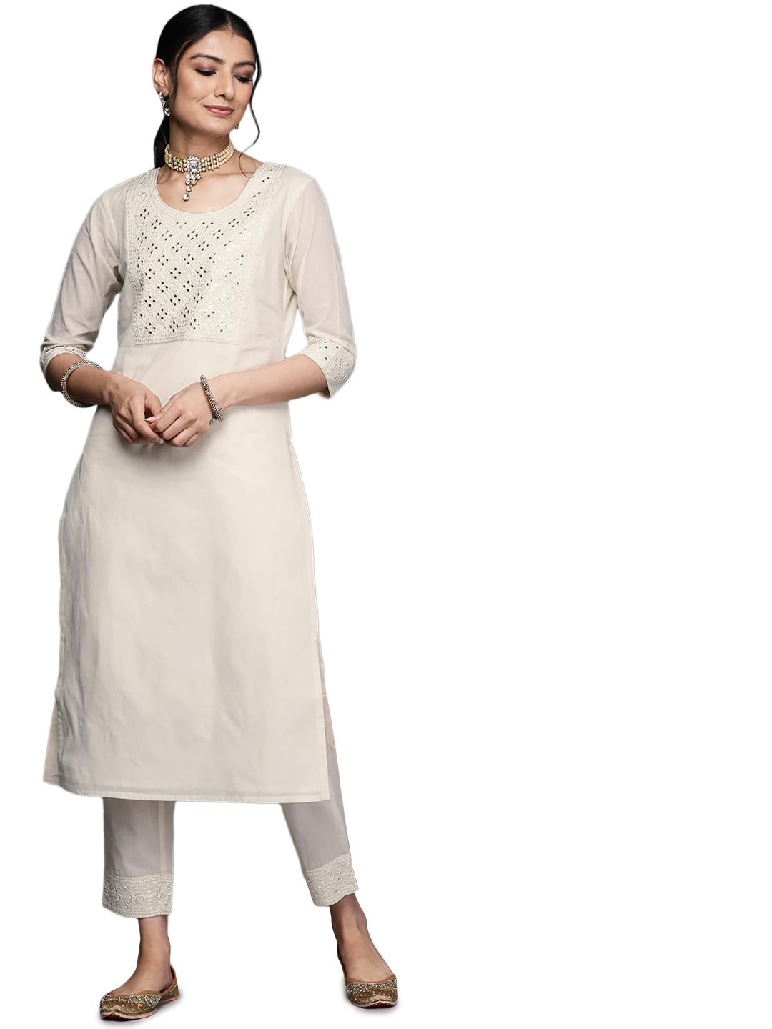 Libas WomenS Cotton Yoke Design Straight Kurtas (23462O_Off White
