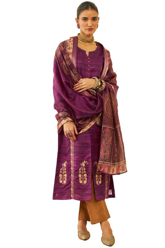 Soch Womens Wine Silk Blend Floral Embroidered Straight Kurta Suit Set