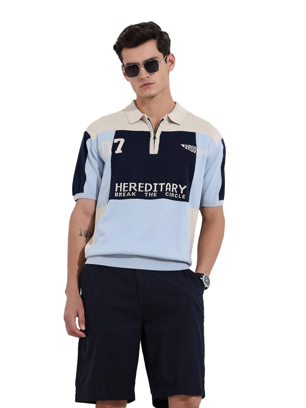 The Indian Garage Co Mens Oversized Fit Colourblocked Half Sleeves Neck Flat Knit Polo T-Shirt