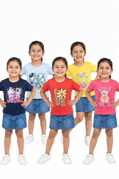 Surfbae Girls Printed Cotton T Shirt | Kids Half Sleeve Round Neck Casual Wear Top for Girls | Soft & Comfortable | Pack of5 (0 0-6
