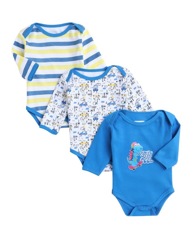 BUMZEE Royal Blue & White Baby Boys Full Sleeves Cotton Bodysuit/Onesies Pack Of 3 Age - New Born (Peb9954A-rbl.wht)